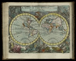Et kart over verden fra Atlas maritimus av John Seller, 1682 (håndfarget gravering)